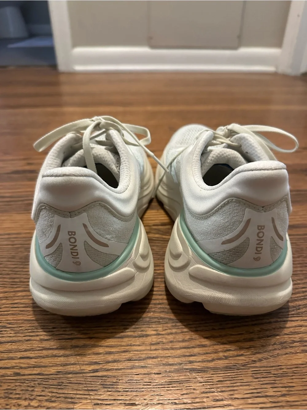 HOKA Women's White/Light Mint Bondi 9 Running Shoes - Picture 3 of 5